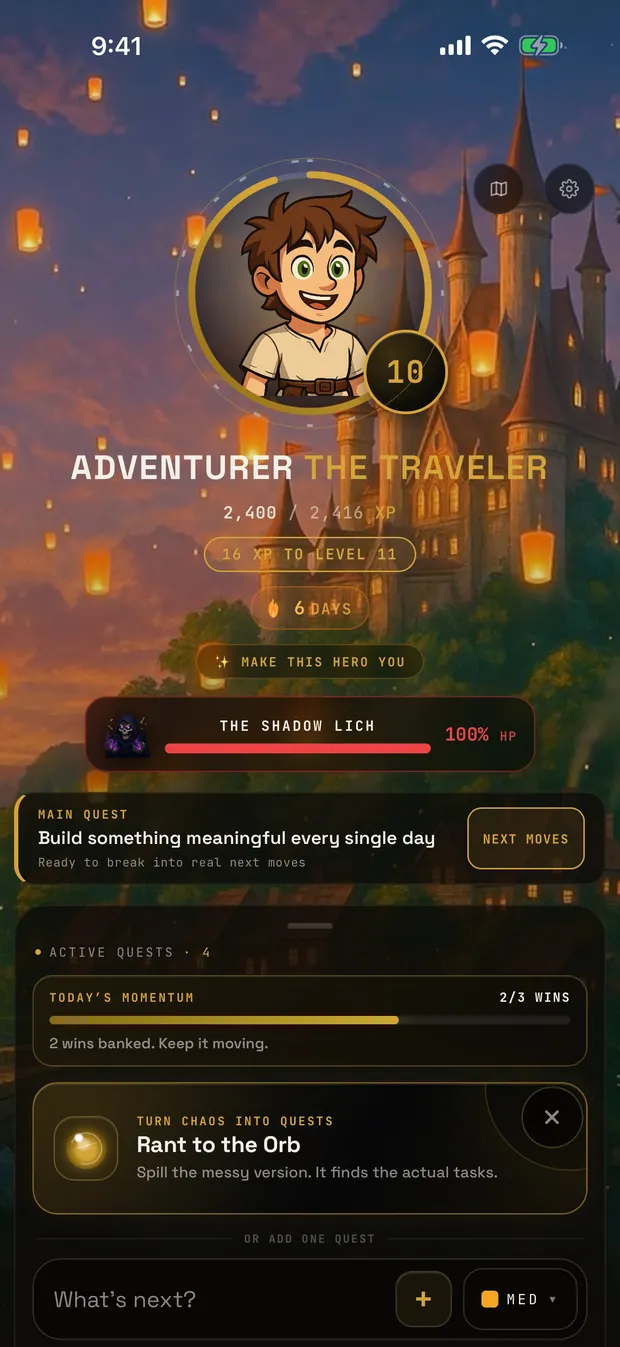 Questify dashboard: hero, XP, streak and the day's boss