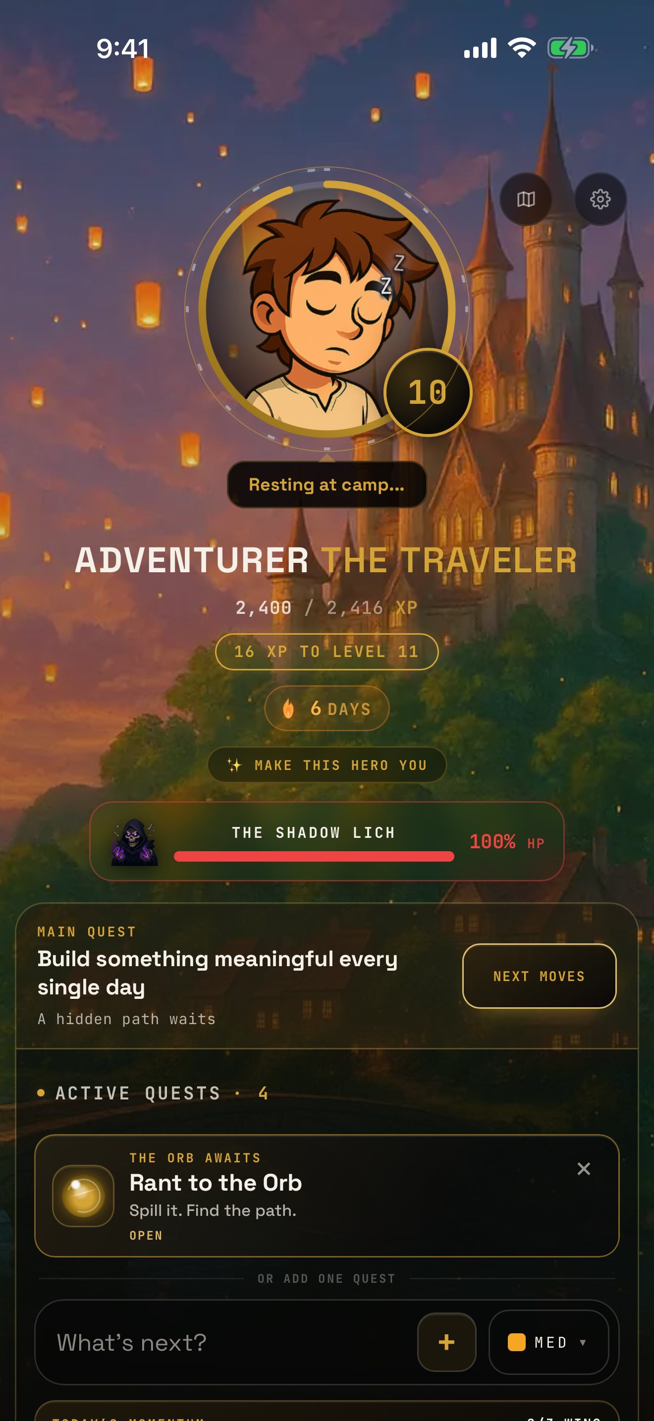 Questify dashboard showing the hero, tasks, XP and world atmosphere