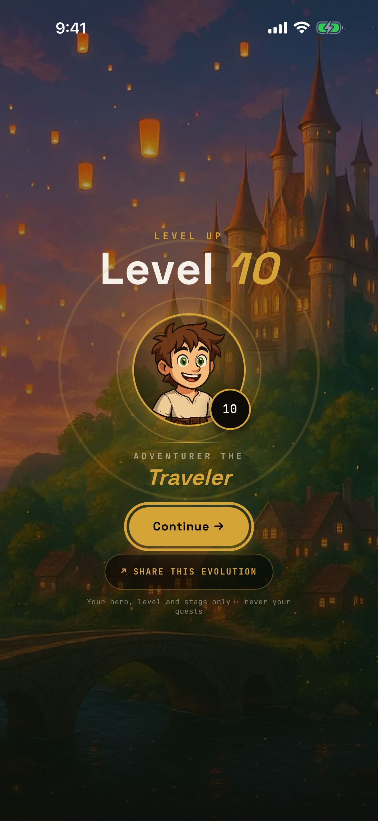 Questify level up screen showing an earned character evolution